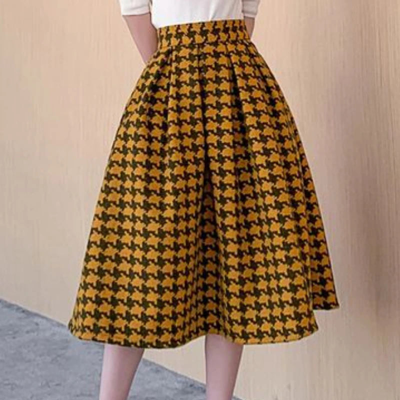 Plaid Woolen Skirts for Women Retro  A-line Contrast Color Long Skirt