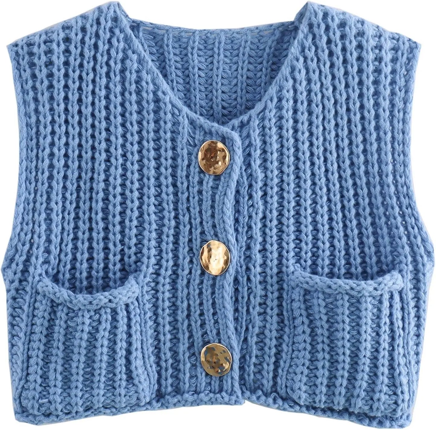 Crochet Chunky Knit Top Sleeveless Button Down Crop Tops Trendy Cardigan Sweater Vest for Women with Pockets