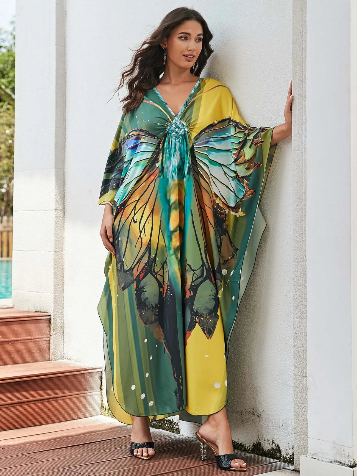 Yellow Butterfly Print  Loose Fitting Long Robe Beach Vacation V-neck Sunscreen Clothing Kaftan