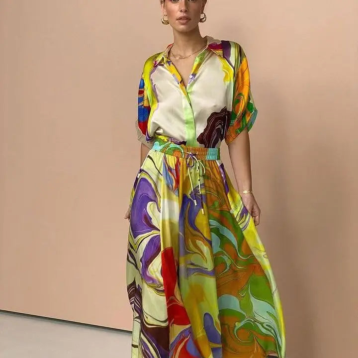Fashionable Summer Silk Printed Women Set Dress Loose Short Sleeves Shirt Top +skirt Waist 2 Piece Sets Elegant Ladies Suit