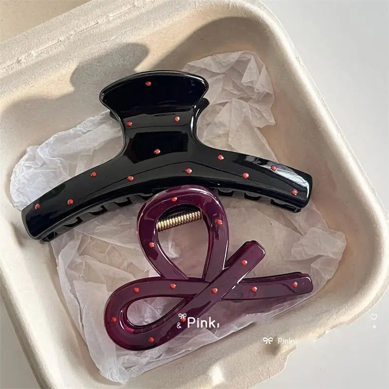 2Pcs/set Vintage Blue Polka Dot Red Bow Hair Clip Shark Claw Clamp Hairpin Barrette Accessory For Women