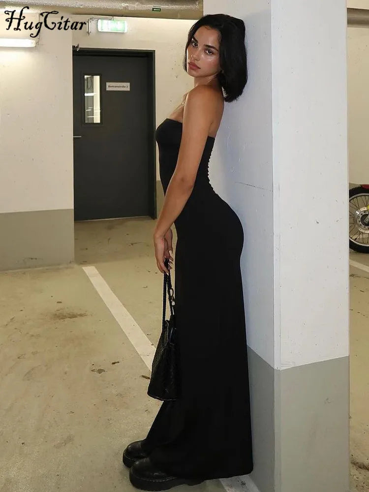 Black Strapless Sleeveless Sexy Bodycon Maxi Prom Dress  Elegant Women's Outfit Evening Party Festival