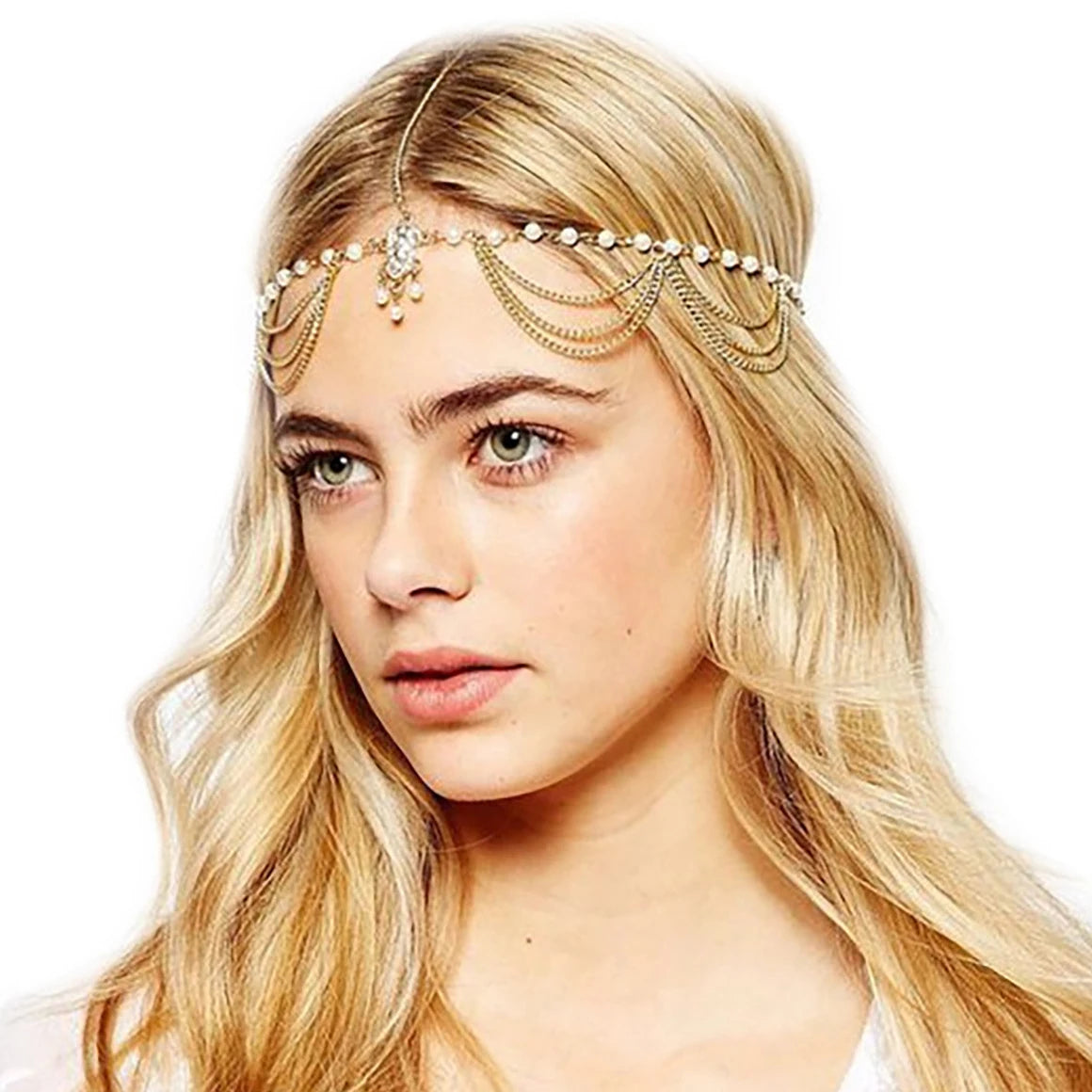 Fashion Bridal Wedding Hair Jewelry Accessories For Women Indian Boho Imitation Pearls Head Chain Head Piece Bijoux Femme