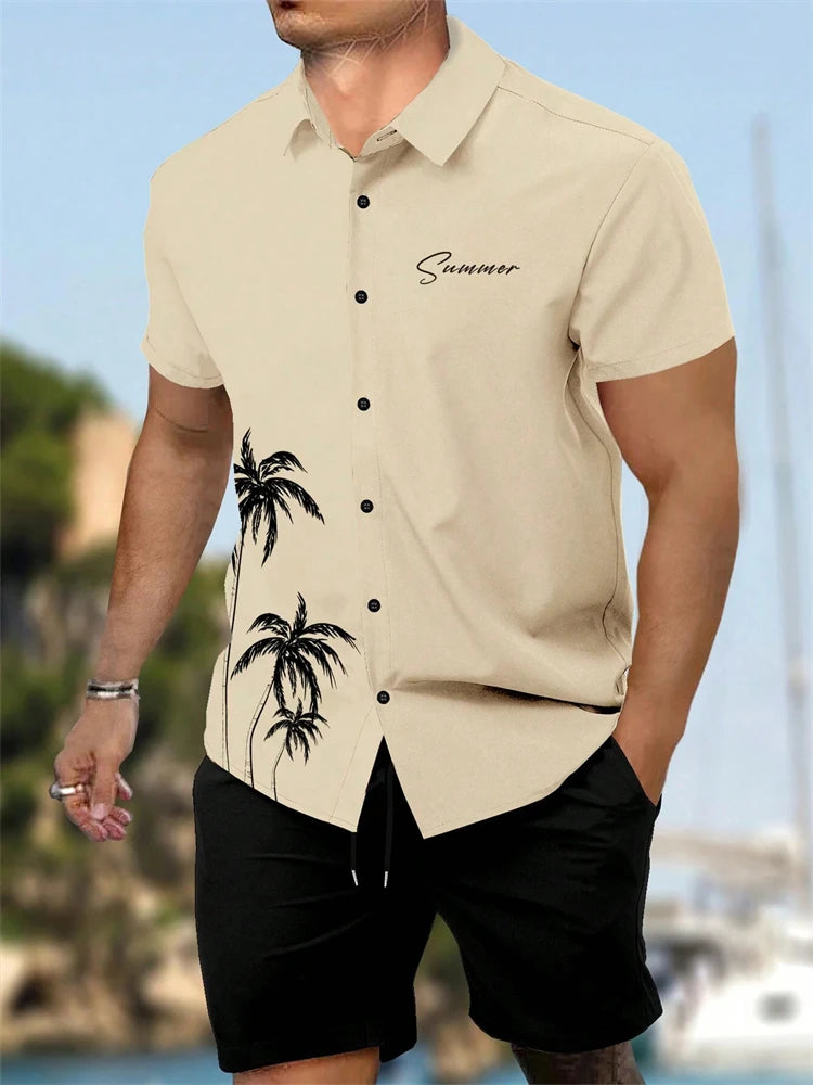 Summer  Men's Short Sleeve Shirt and Shorts 2 Piece Set Fashion Coconut Tree Print Lapel Shirt Beach Drawstring Shorts Set
