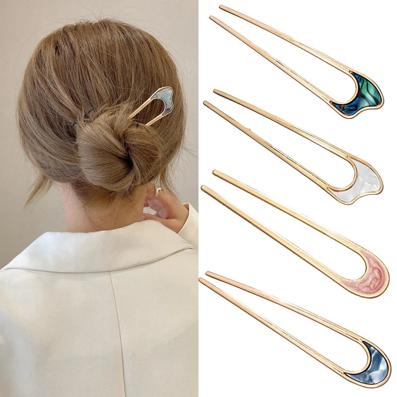 Fashion Luxury Elegant Shell Enamel Hairpin for Women Metal U Shape Hair Stick Hair wear Accessories Jewelry
