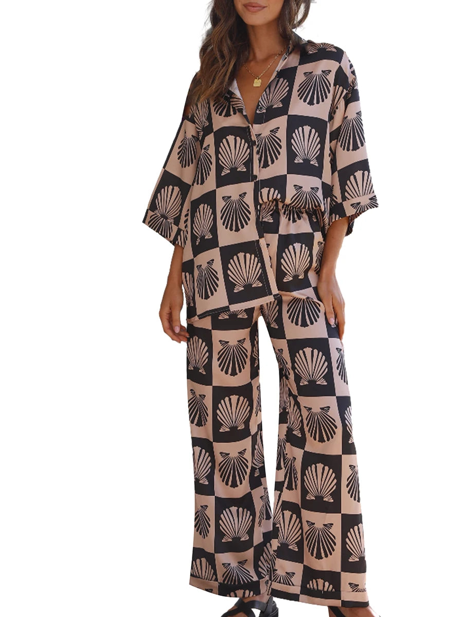 Women’s 2 Piece Pajamas Set Cute Seashell Print 3 /4 Sleeve Button Up Shirt Pants Set Loungewear