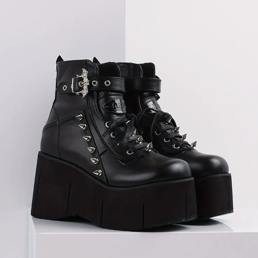 Goth Punk Stylish High Platform Ankle Boots High Wedges Heel Side Zipper Round Toe