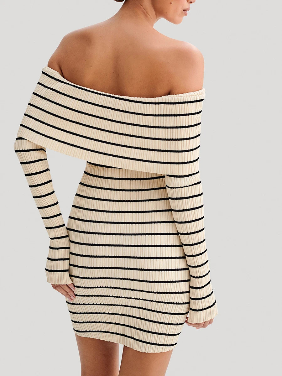 Striped Boat Neck Mini Dress with Long Sleeves and Off-Shoulder Design