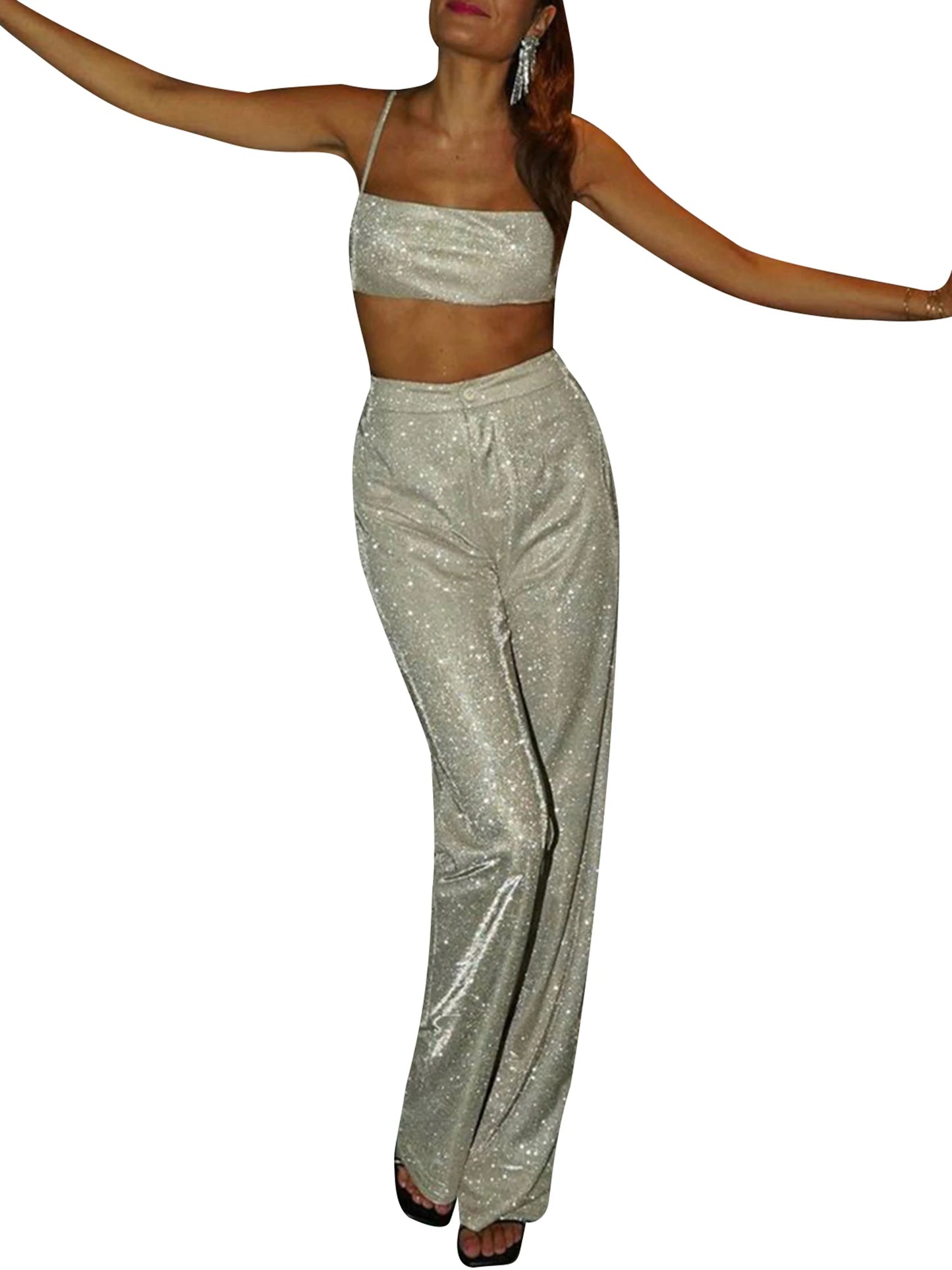 Women s Sleeveless Tank Top and Skinny Pants Set High Waist Spaghetti Strap Outfit with Shiny Metallic Finish Stretchy