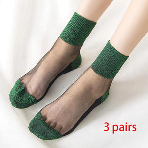 3 Pairs Spring Summer Women's Ultrathin Transparent Socks Glitter Crystal Glass Silk Socks Soft Lace Shiny Elastic Short Socks