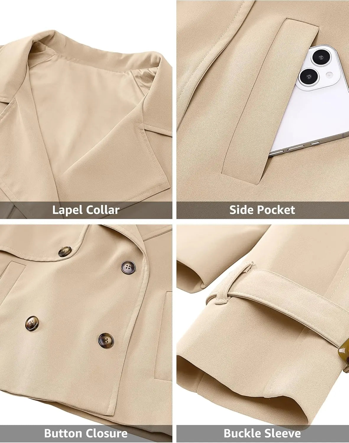 Cropped Trench Coat for Women Long Sleeve Double Breasted Notched Lapel Casual Loose Fit Jackets with Pockets