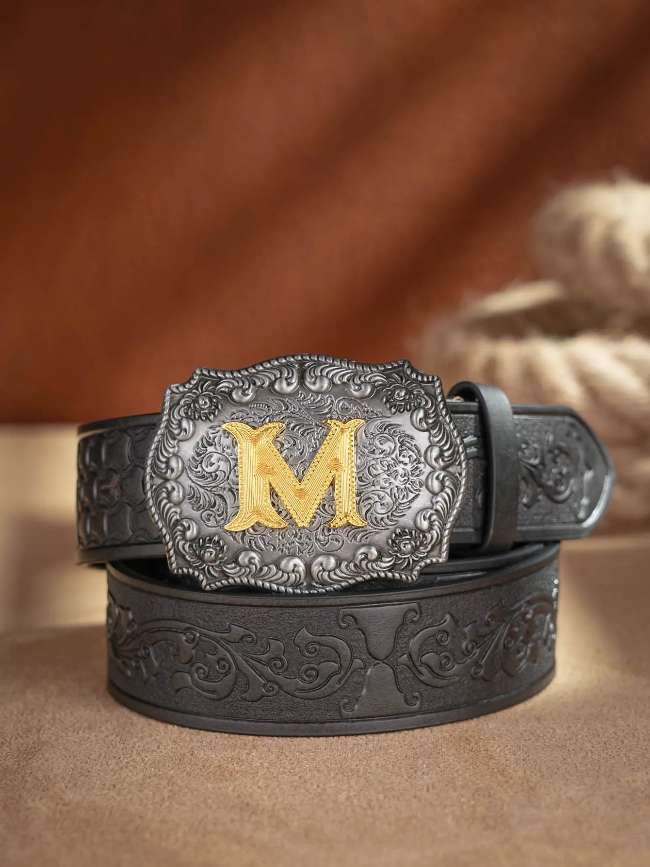 Western Cowboy PU Leather Belt  Waist Strap Bull Decoration Floral Engraved for Jeans