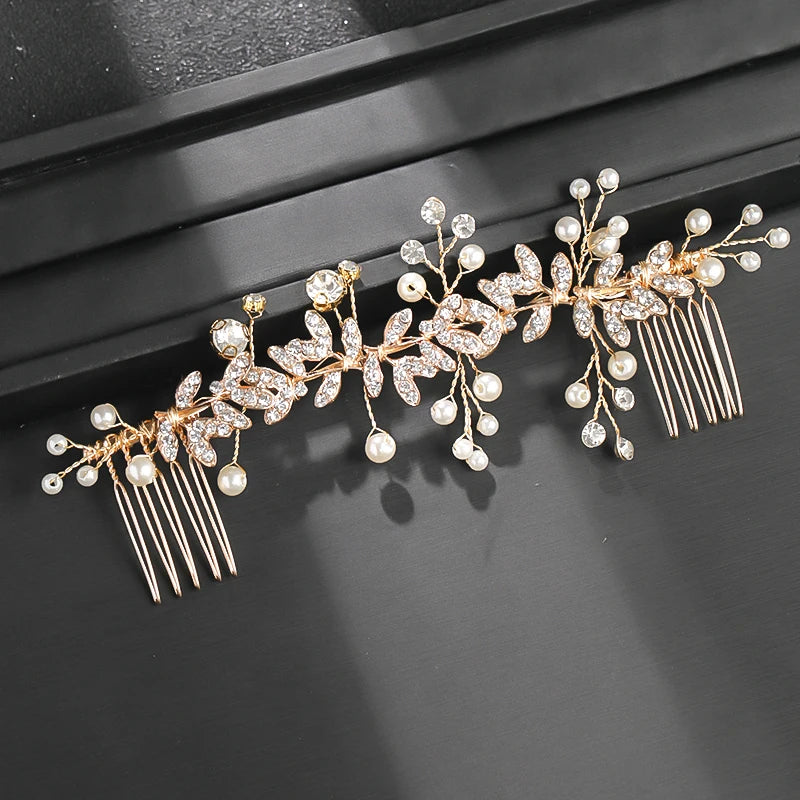 Pearl Leaf Crystal Hair Comb Hairpin Headband Tiara For Women Bride Queen Party Wedding Bridal Hair Accessories Jewelry