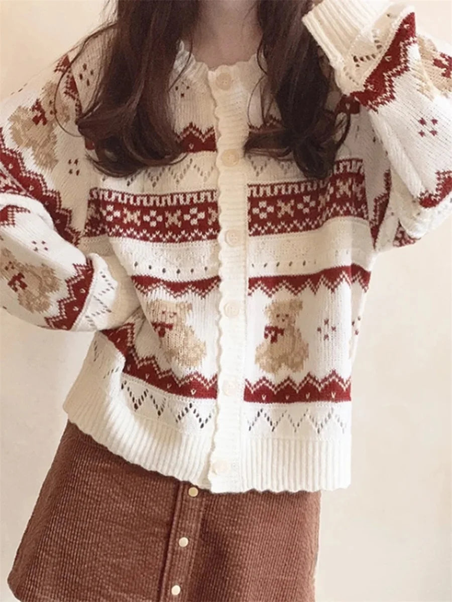 Women s Bear Print Cardigan Long Sleeve Drop Shoulder V-Neck Button Down Sweater Knit