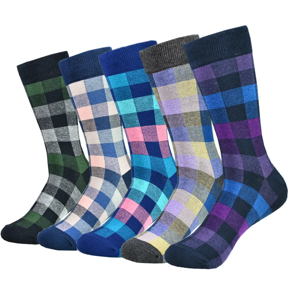 5pairs Mens Cotton Dress Black Argyle Pattern Crew Funny Socks for Men Gifts