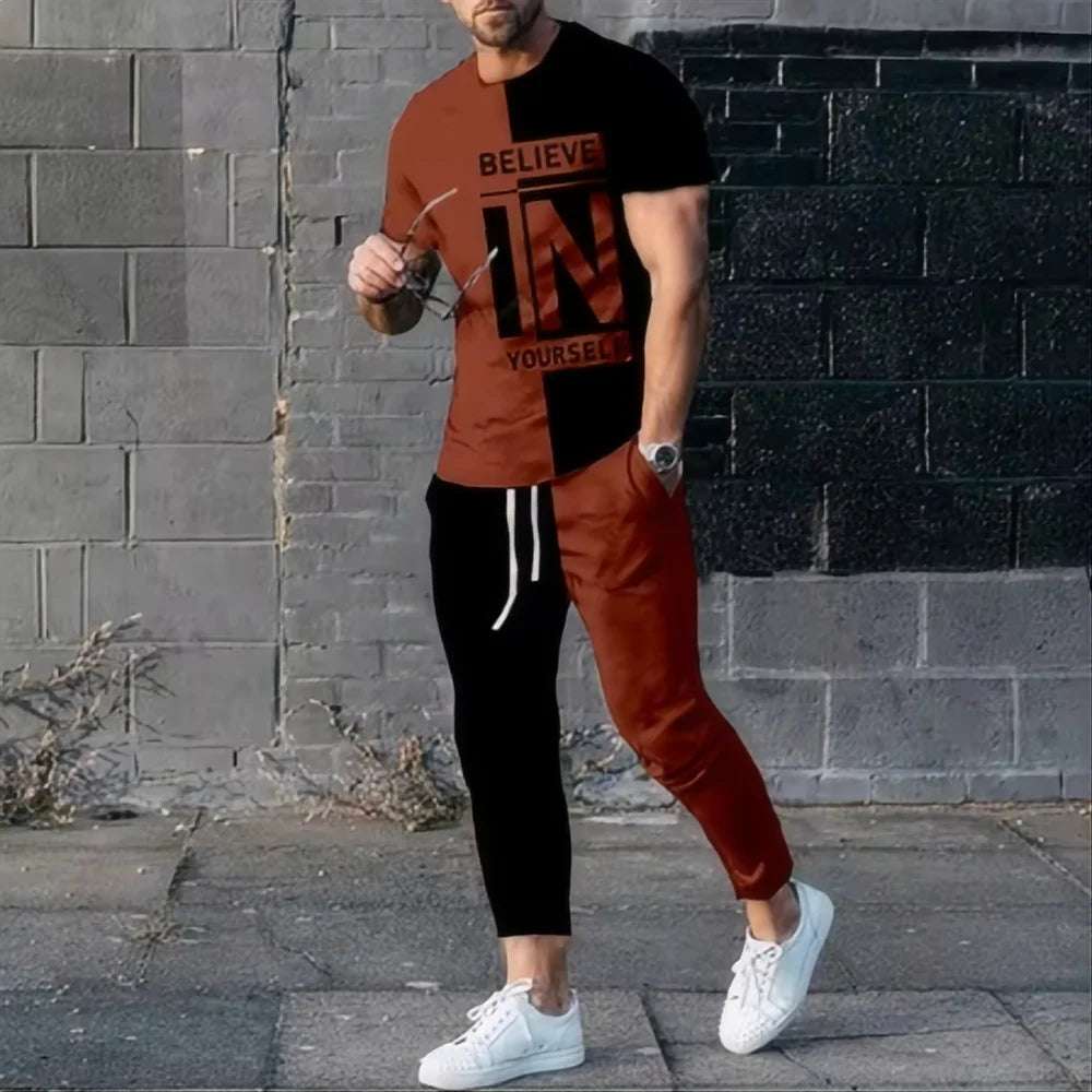 Summer fashion  men's T-shirt pants sportswear believe in yourself 3D printed T-shirt pants set 2-piece streetwear oversized
