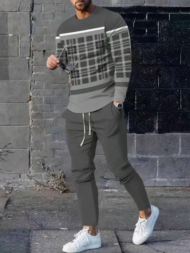 Simple Geometric Print Men's Fall Fashion Casual Crew-neck Tops And Pants Urban Street Fashion Trends Men's Tops And Long Styles