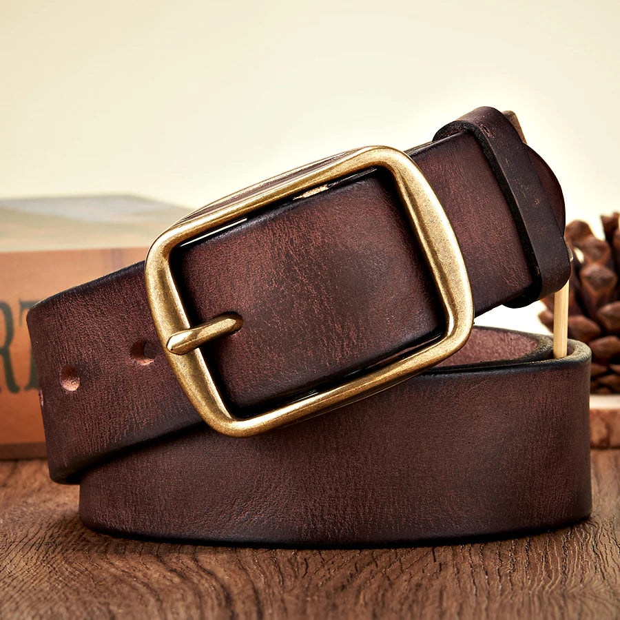 3.8CM Real Genuine Thick Leather Belt Cowhide Copper Pin Buckle Casual Retro