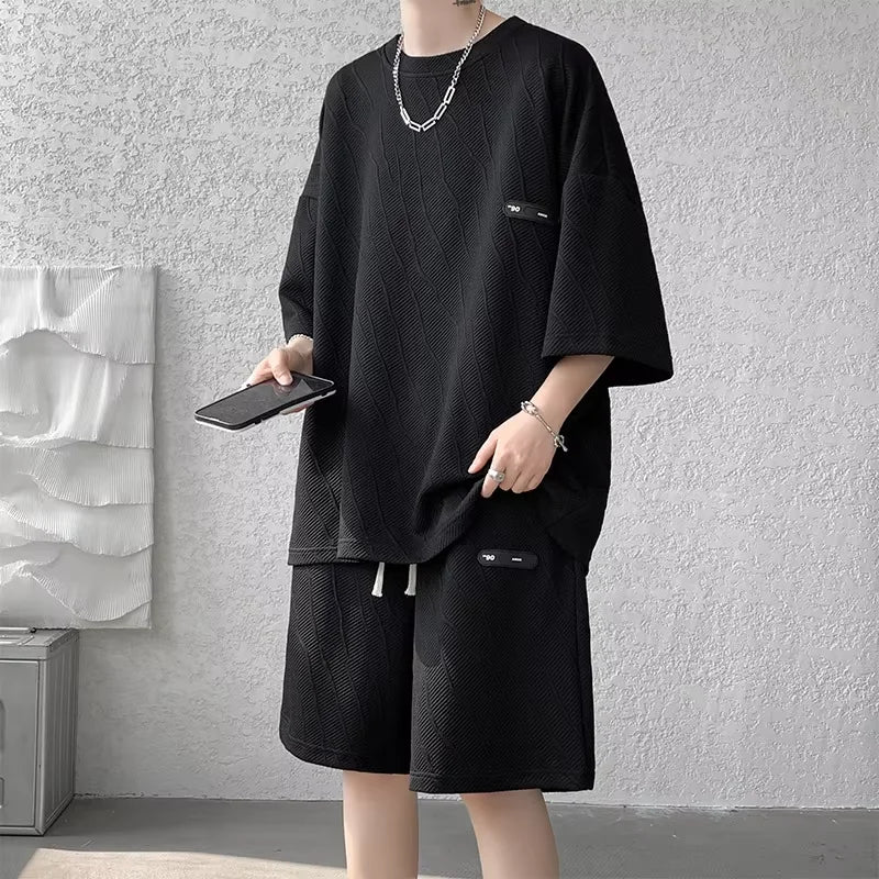 Men's sets Waffle Summer Casual T shirt  + Shorts Suit basketball Tracksuit Letter print Solid color tracksuit loose suit