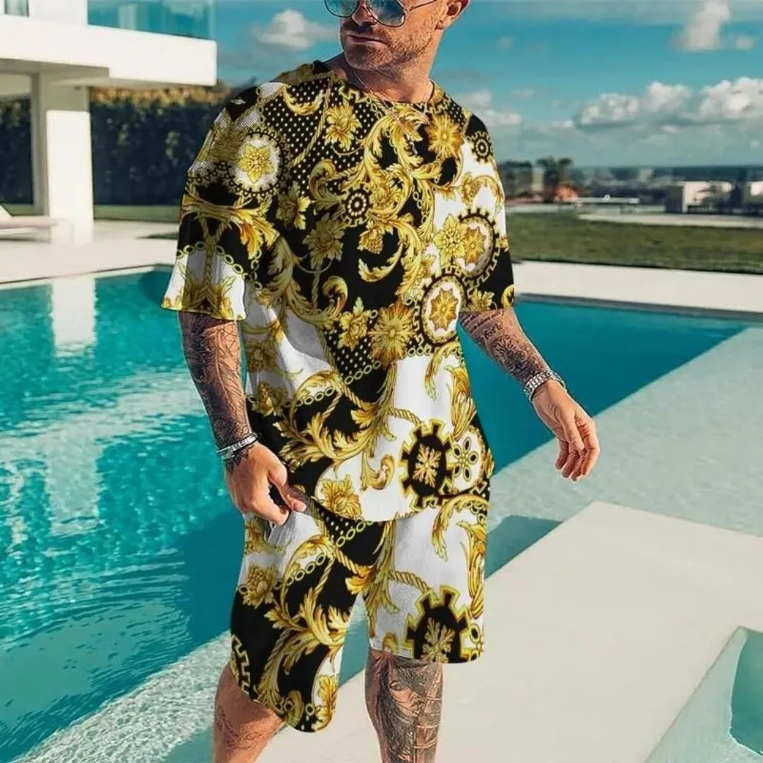 Summer Men's Luxury Pattern Sportswear 3D Printed Short Sleeve T-shirt Set Fashionable Casual Men's T-shirt Two Piece