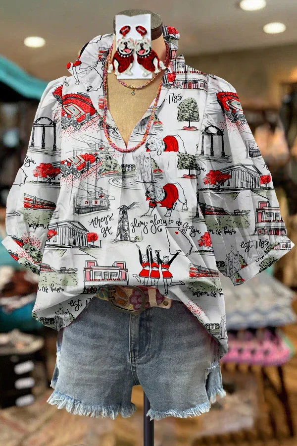 Contrast Bulldog Print Puff Sleeve  Blouse