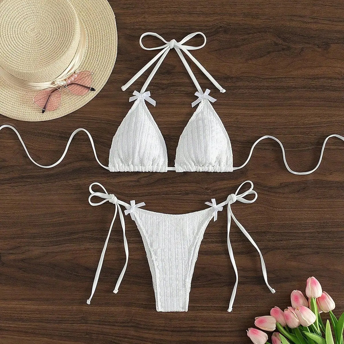 Solid Color White 2 Piece Swimsuit  Bow Triangle Halter Backless Bikini Set Lace-up Thong Bathing Suit Swimwear