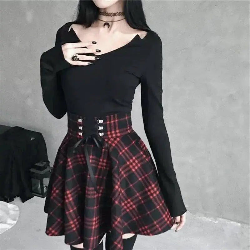 Woolen Plaid  Lace Up High Waist  Mini Skirt
