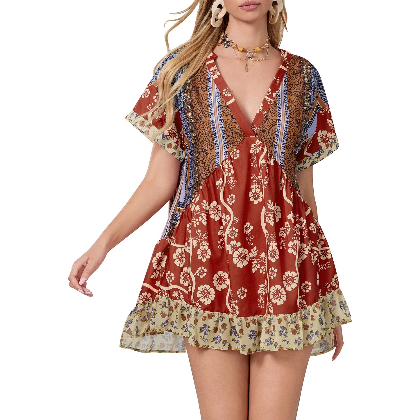Women s Sleeveless Dress with Ruffle Hem in Tropical Print Summer Boho Beach Dress with Pockets