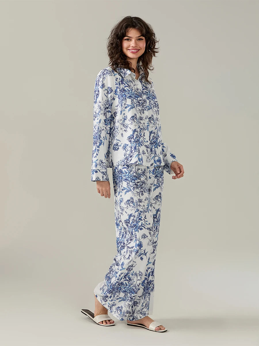 Women s Elegant Floral Print Pajama Set with Lapel Neckline Button-up Long Sleeve Top and Long Pants - Comfortable 2-Piece