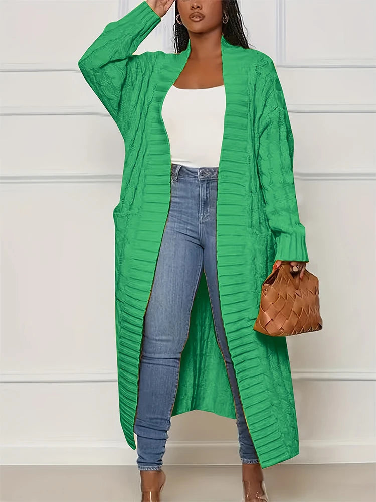 Autumn and Winter Fashion Women's Long Cardigan Sleeve Pocket Solid Colour Relaxed Sweater Acrylic Material