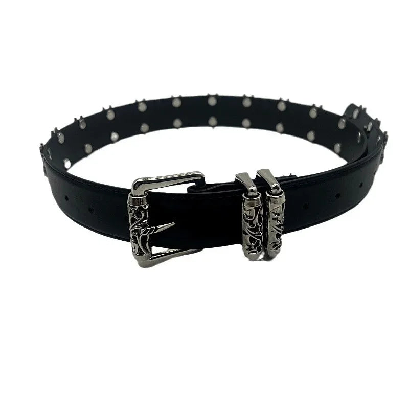 American Style Cropped 3.2 Wide Leather Belt With Wheel Hollow Out Vine Carving Engraved Women's Belt Celebrity Style