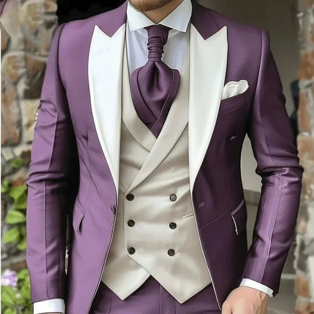 Elegant Wedding 3 Piece Jacket Pants Vest Full Set Luxury Single Breasted Peak Lapel  Male Clothing Men's Suits Blazer