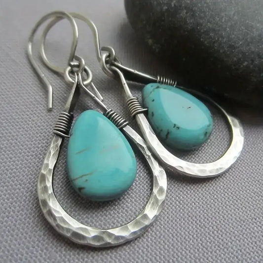 Vintage Droplet Shape Blue Turquoise Decor Dangle Earrings Retro Boho Style Silver Plated Jewelry