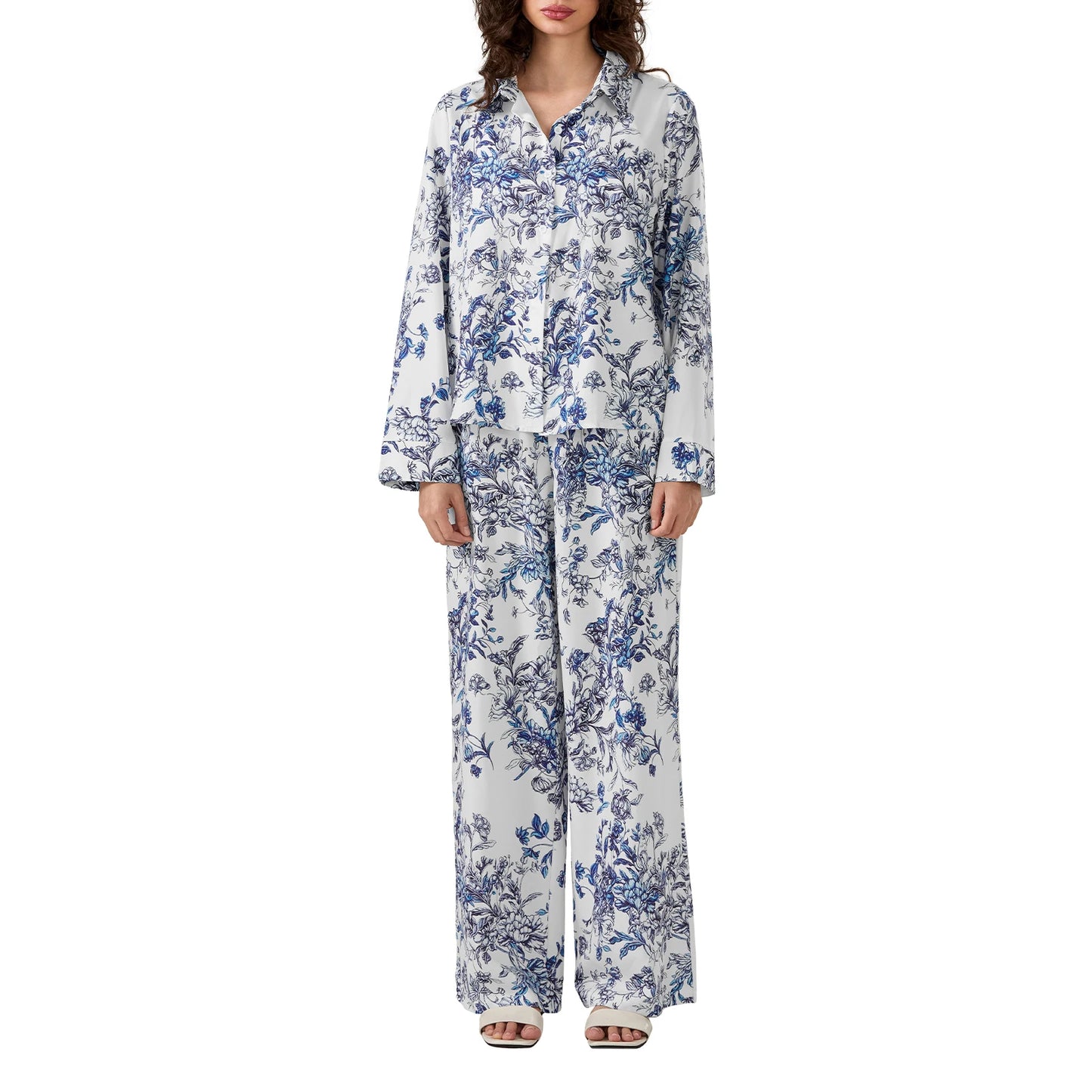 Women s Elegant Floral Print Pajama Set with Lapel Neckline Button-up Long Sleeve Top and Long Pants - Comfortable 2-Piece