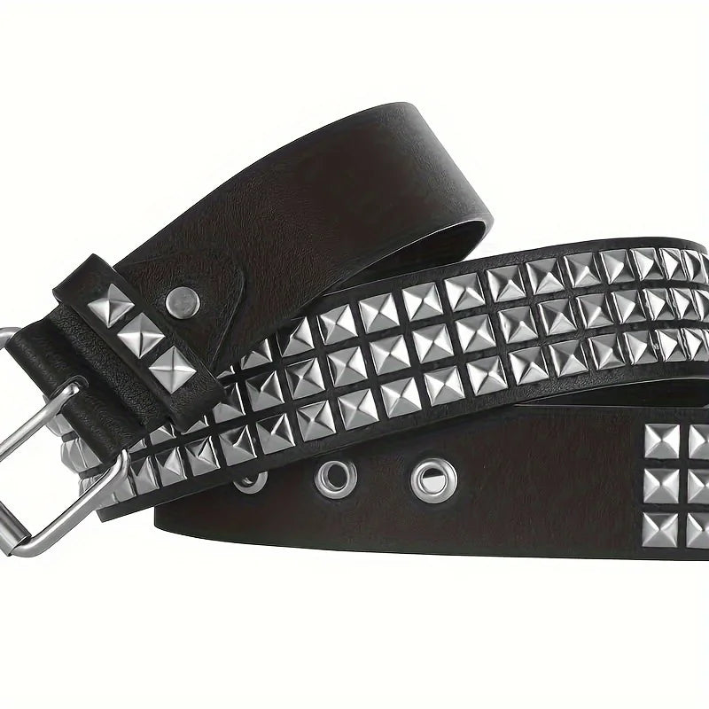 Rivet belt equipped with stainless steel square buckle, PU panel material, male and female pyramid rivet