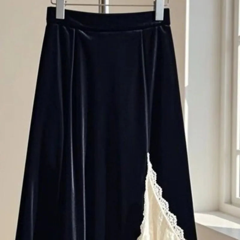 Lace Velvet  A-line Retro Long Skirt
