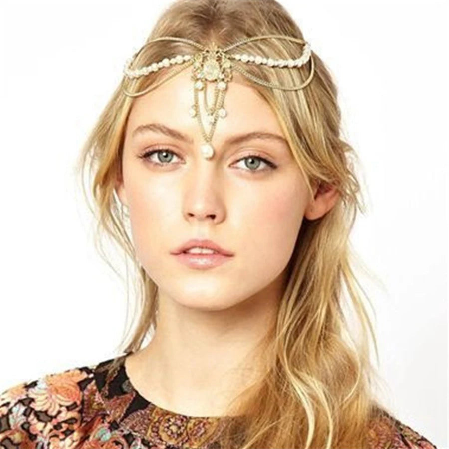 Fashion Bridal Wedding Hair Jewelry Accessories For Women Indian Boho Imitation Pearls Head Chain Head Piece Bijoux Femme
