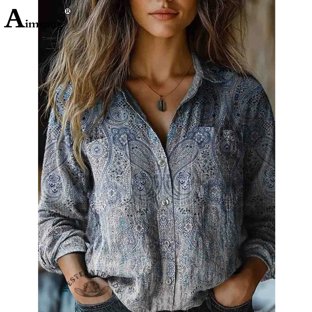 European Style  Women Long Sleeve Basic Shirts New Casual Beach Tops Blouse Ladies Bohemian Flower Print shirt