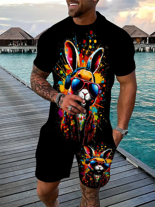 Men's Summer Casual Sports Suit 3D Cool Headphones Rabbit Print Crew Neck T-Shirt and Shorts
