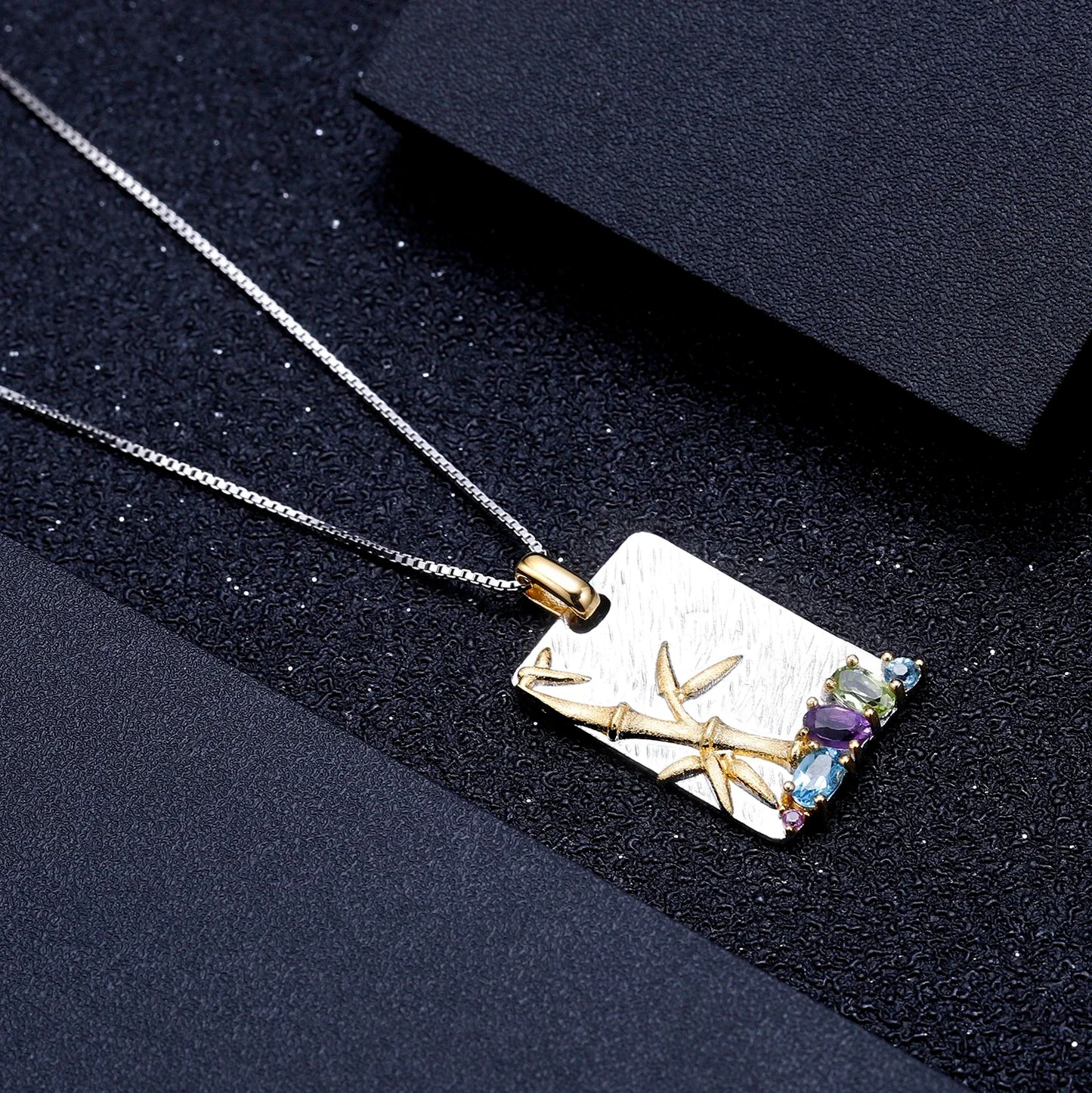 Natural Topaz Amethyst Peridot Fine Jewelry 925 Sterling Silver Handmade Bamboo Pendant Necklace