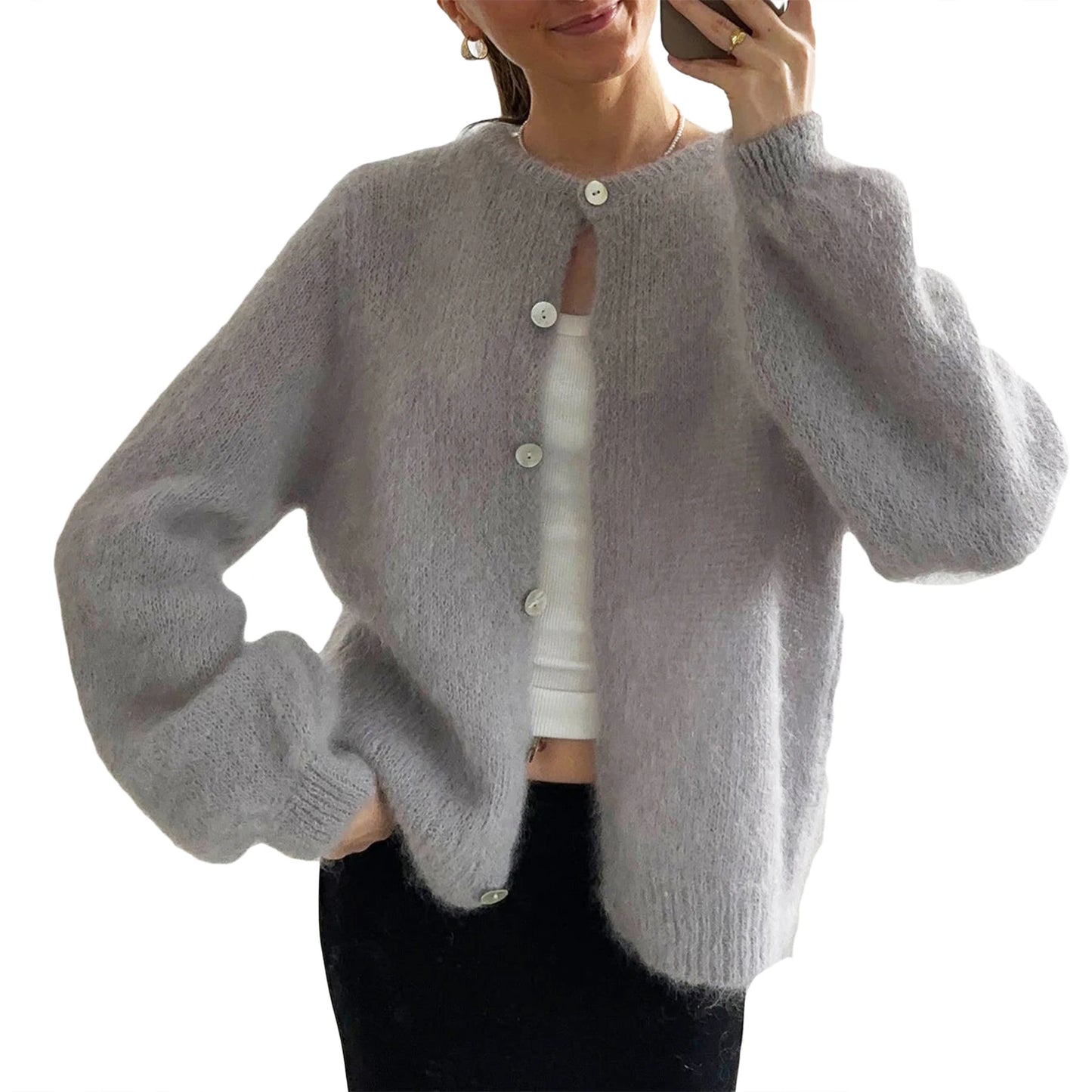V-Neck Button Up Cardigans Cozy Lightweight Knit Sweaters with Pockets