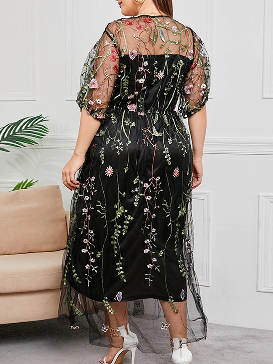 Women s Lace Maxi Dress Floral Embroidered Short Sleeve O Neck Plus Size Evening Party Elegant Gown