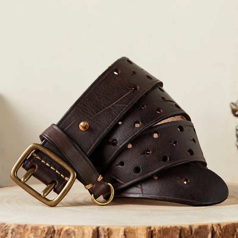 100% Pure Cowhide 3.8cm Wide Luxury Thick Genuine Leather Belt  Double Pin Buckle