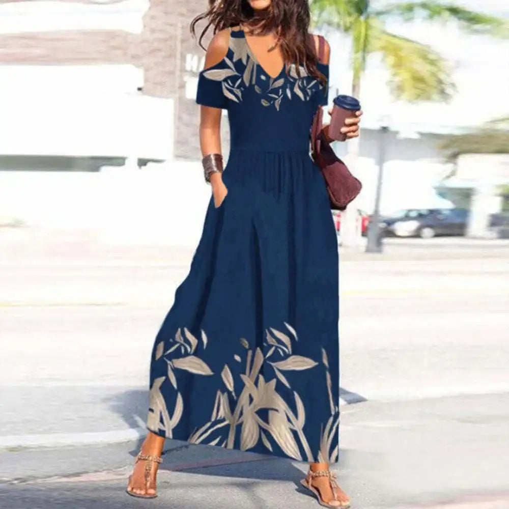 Trendy Shoulder V-Neck Long Dress Women Solid Color Geometric Printed Dress Summer Vacation Long Dresses