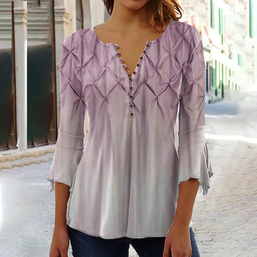 Women's V-Neck Short Sleeve Summer Button T-Shirt Street Trend Flower Geometric Print Women's Loose Casual V-Neck
