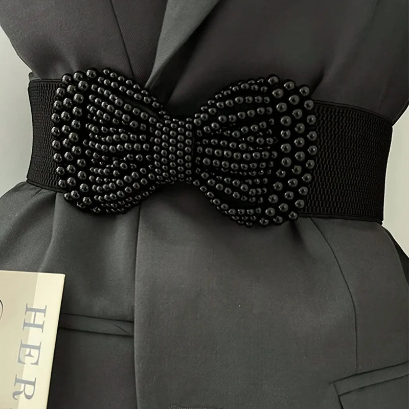 Women's Elastic Wide Belt Pearl Waist Cover Versatile Dress Decoration High Quality Wide Pearl Bow
