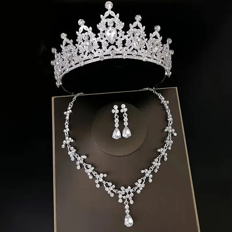 3pcs/set Crystal Bridal Tiara And Crown Earrings Necklace Jewelry Set