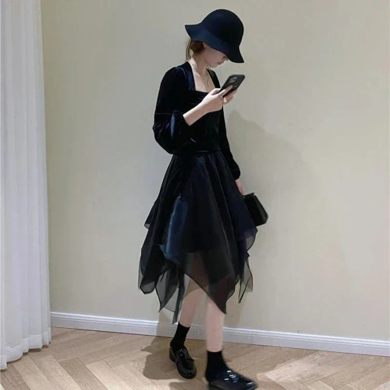Gothic High Waist Asymmetrical Mesh A Line Midi Skirt