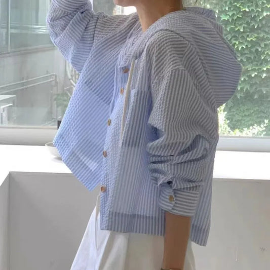 Women Shirt Summer Fashion Sunshade Long Sleeve Casual Hooded Loose Fit Lightweight
