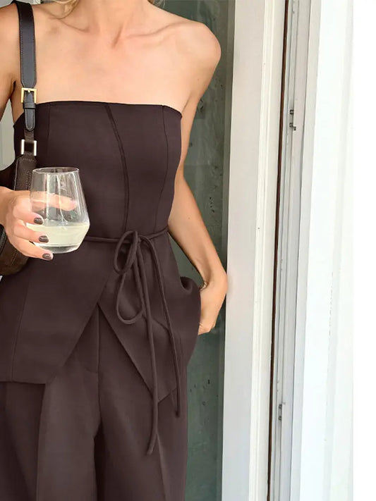 Women Pant Sets Sexy Strapless Lace Up Top Loose Wide Leg Pants Suit Summer Fashion Lady Outfits